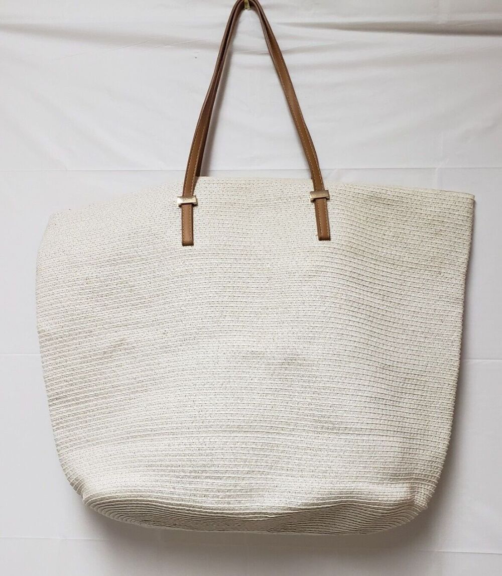 Women's Extra Large  H & M Beige Beach Bag With Faux Leather Handles NW/OT